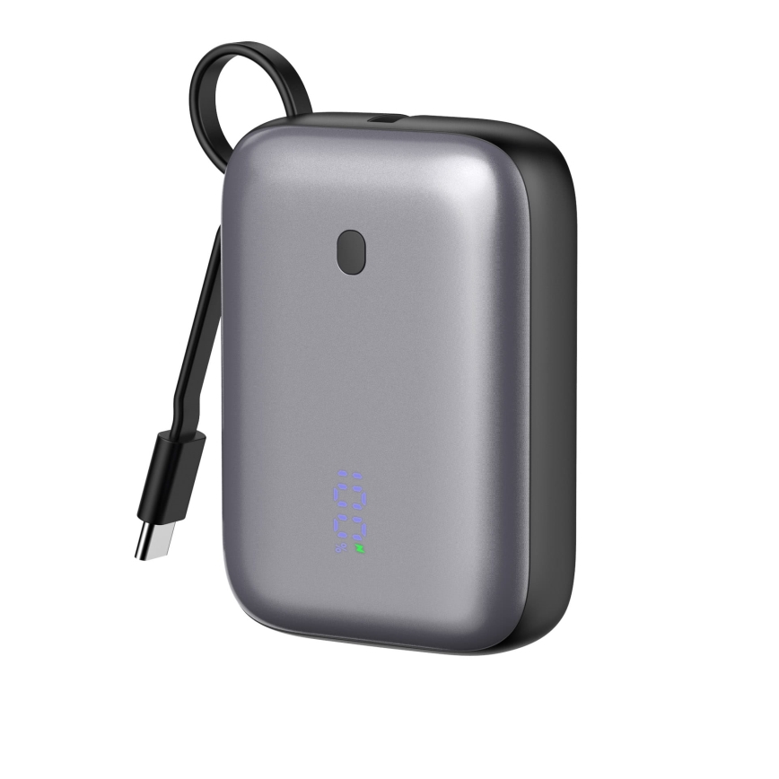 Powerbank 10000 mAh 20W Power Delivery Compact med indbygget 1 m USB-C kabel i sort