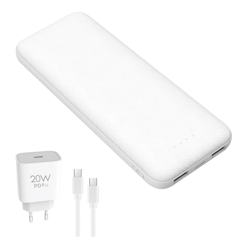 Powerbank 10000 mAh + adapter 20W Power Delivery + USB-C/USB-C kabel 1m hvid