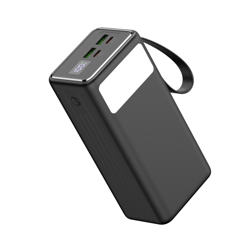 Powerbank 40000 mAh 65W Power Delivery 2xUSB-A + 2xUSB-C med LED lommelygte med krog og magnet og USB-C kabel 1m sort
