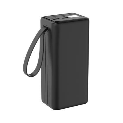 Powerbank 40000 mAh 65W Power Delivery 2xUSB-A + 2xUSB-C med LED lommelygte med krog og magnet og USB-C kabel 1m sort