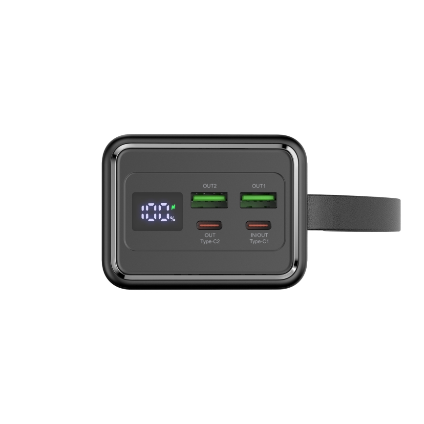 Powerbank 40000 mAh 65W Power Delivery 2xUSB-A + 2xUSB-C med LED lommelygte med krog og magnet og USB-C kabel 1m sort