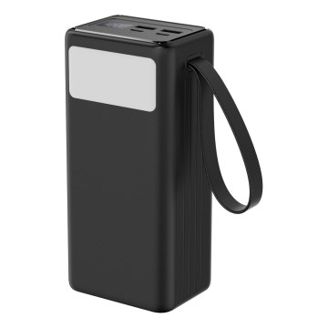 Powerbank 40000 mAh 65W Power Delivery 2xUSB-A + 2xUSB-C med LED lommelygte med krog og magnet og USB-C kabel 1m sort