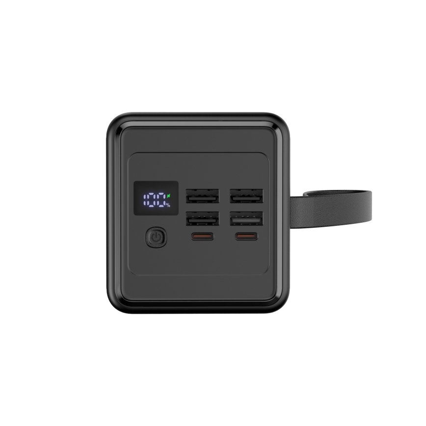 Powerbank 60000 mAh 20W Power Delivery 4xUSB-A + 2xUSB-C med LED lommelygte med krog og magnet og USB-C kabel 1m sort