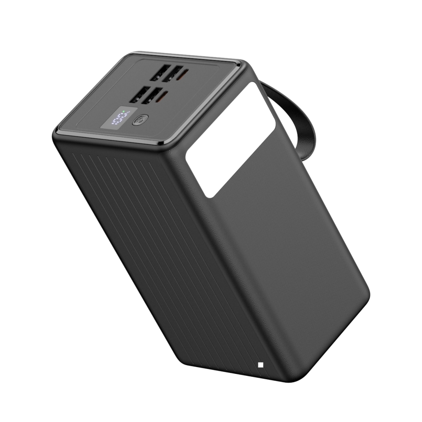 Powerbank 70000 mAh 20W Power Delivery 4xUSB-A + 2xUSB-C med LED lommelygte med krog og magnet og USB-C kabel 1m sort