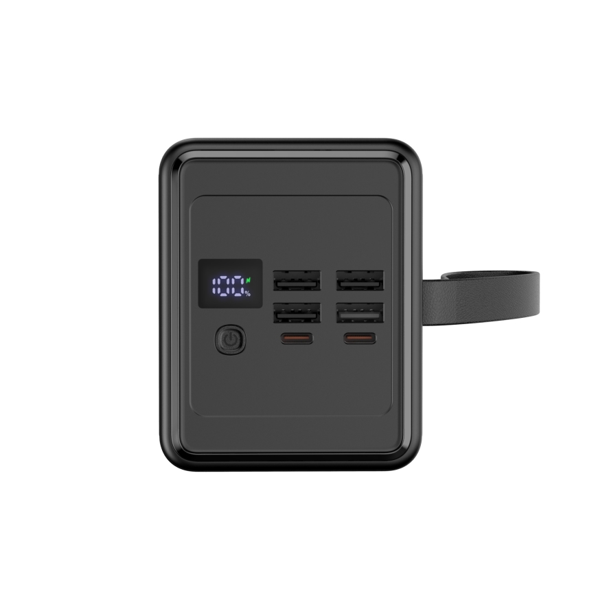 Powerbank 70000 mAh 20W Power Delivery 4xUSB-A + 2xUSB-C med LED lommelygte med krog og magnet og USB-C kabel 1m sort