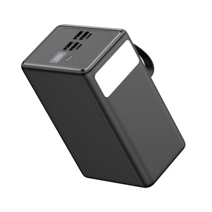 Powerbank 80 000 mAh, 65 W Power Delivery, 4× USB-A + 2× USB-C, med LED-lommelygte og 1 m USB-C-kabel, sort