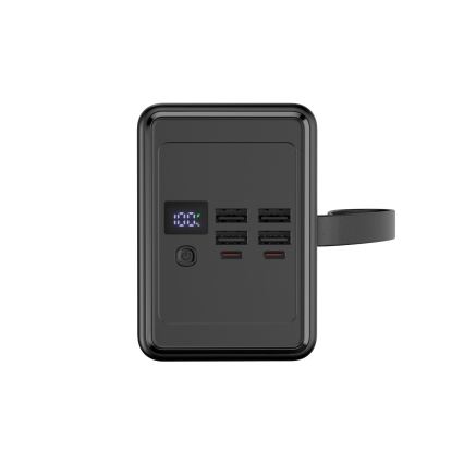 Powerbank 80 000 mAh, 65 W Power Delivery, 4× USB-A + 2× USB-C, med LED-lommelygte og 1 m USB-C-kabel, sort
