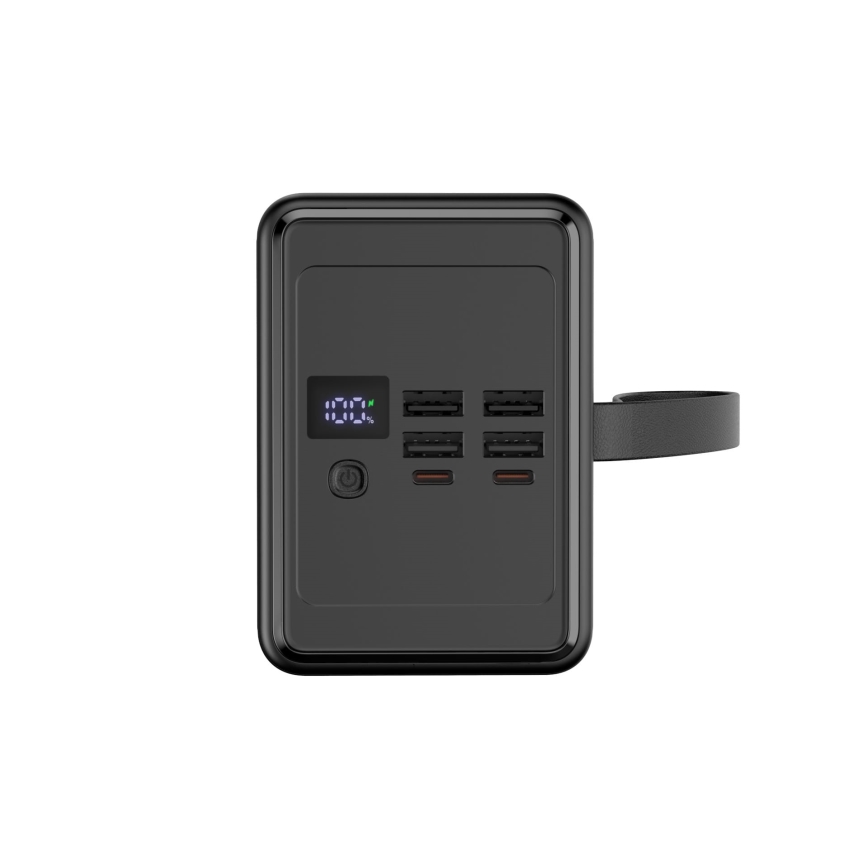 Powerbank 8000 mAh Power Delivery 4x USB-A + 2x USB-C med LED-lygte og 1 m USB-C-kabel, sort