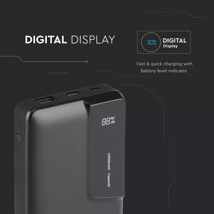 Powerbank m. display 10.000 mAh/3,7V sort