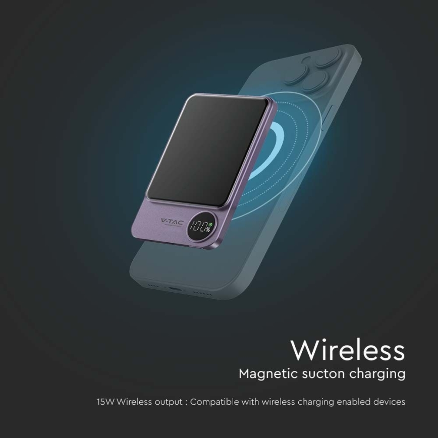Powerbank med skærm magnetisk Power Delivery 5000mAh/20W/5V lilla