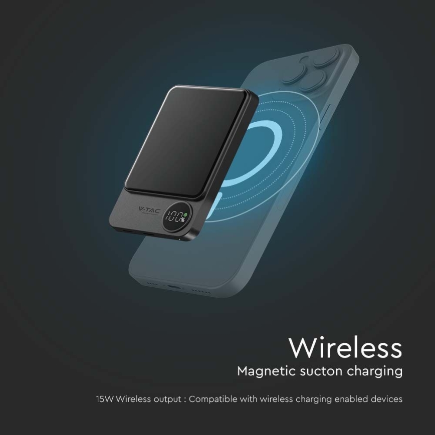 Powerbank med skærm magnetisk Power Delivery 5000mAh/20W/5V sort