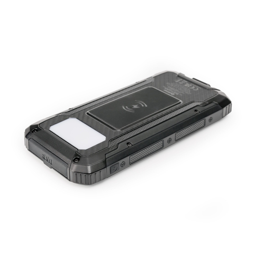 Powerbank m. LED-lys, trådløs opladning og solpanek Power Delivery 15W/10000 mAh sort