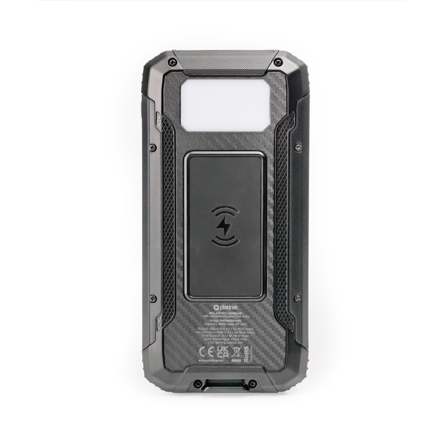 Powerbank m. LED-lys, trådløs opladning og solpanek Power Delivery 15W/10000 mAh sort