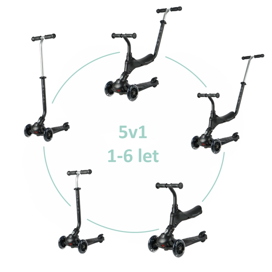 QPlay - Børnescooter med LED-hjul 5-i-1 SEMA PRO sort