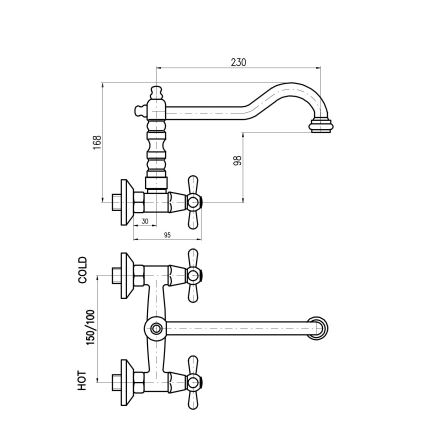 RAV Slezák MK102.5/28SM - MORAVA RETRO køkken-/håndvaskarmatur, 16,8 cm, antik messing