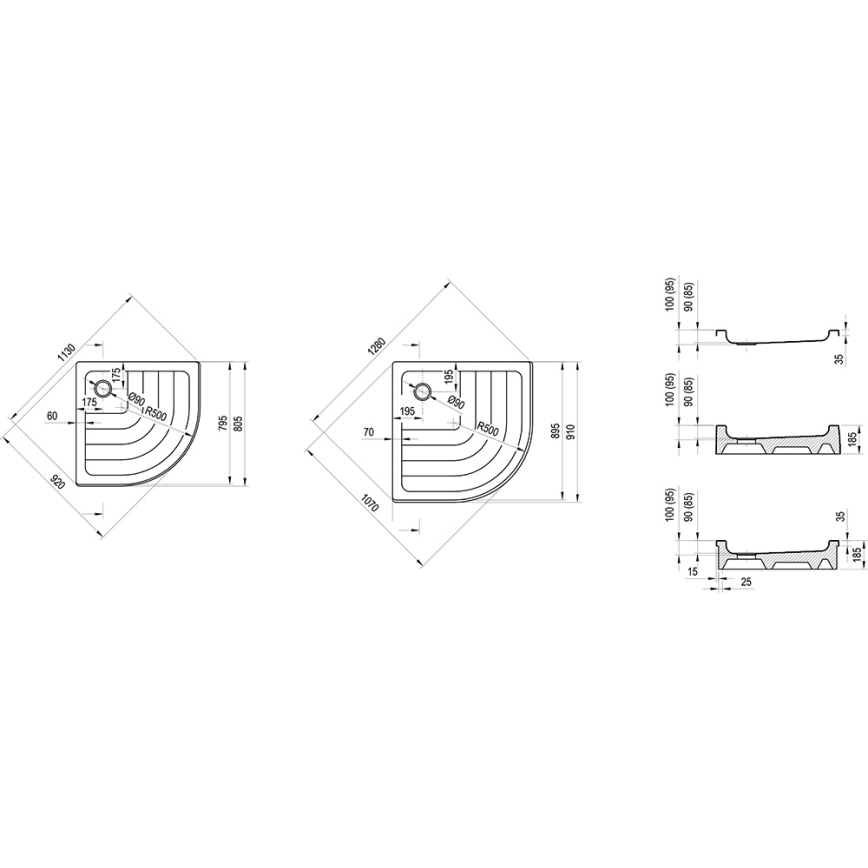 Ravak A207001120 - Kvartcirkelformet brusekar RONDA 90x90 cm hvid