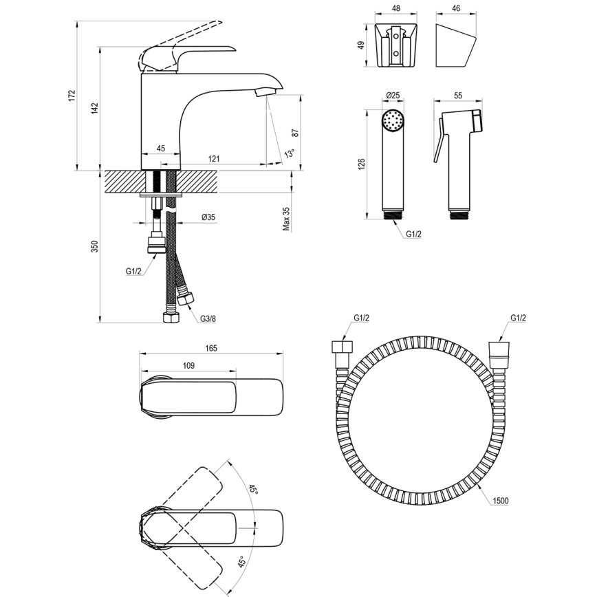 Ravak X070438 - Håndvaskarmatur med bidetbruser FLAT, blank krom