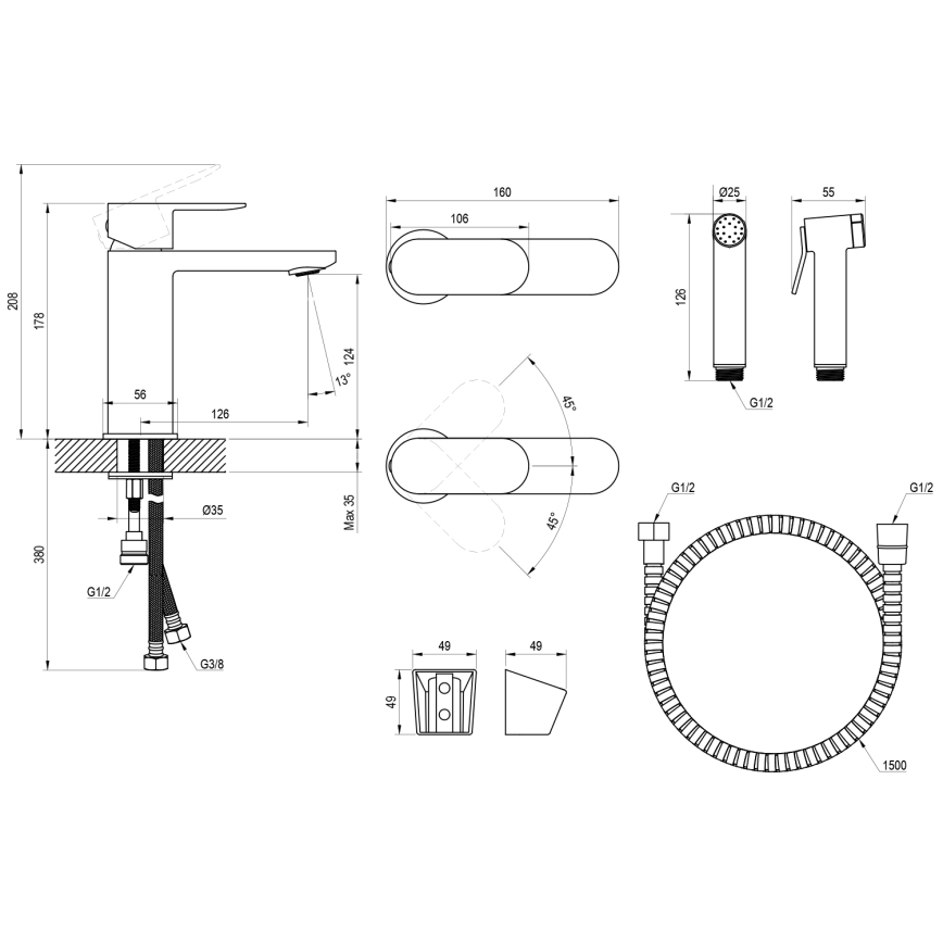 Ravak X070462 - Håndvaskarmatur med bidetbruser CHROME, sort