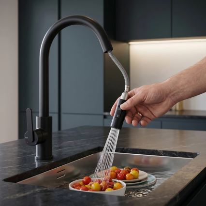 REA-B6571 - Køkkenarmatur med udtrækbar bruser ONTARIO 38 cm sort