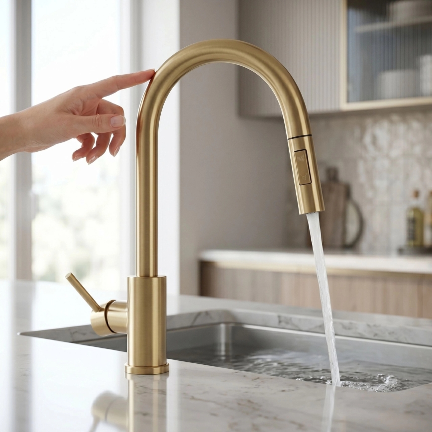 REA-B9842 - Berøringsbetjent køkkenarmatur med udtrækbar bruser FRESH TOUCH 37 cm 4xAA børstet guld