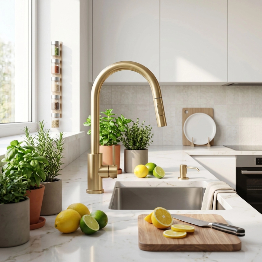 REA-B9842 - Berøringsbetjent køkkenarmatur med udtrækbar bruser FRESH TOUCH 37 cm 4xAA børstet guld