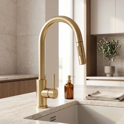 REA-B9842 - Berøringsbetjent køkkenarmatur med udtrækbar bruser FRESH TOUCH 37 cm 4xAA børstet guld