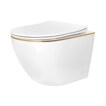 REA-C6806 - Væghængt toilet med toiletsæde CARLO MINI TORNADO RIMLESS keramik/hvid/guld