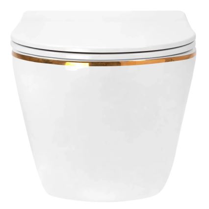 REA-C6806 - Væghængt toilet med toiletsæde CARLO MINI TORNADO RIMLESS keramik/hvid/guld