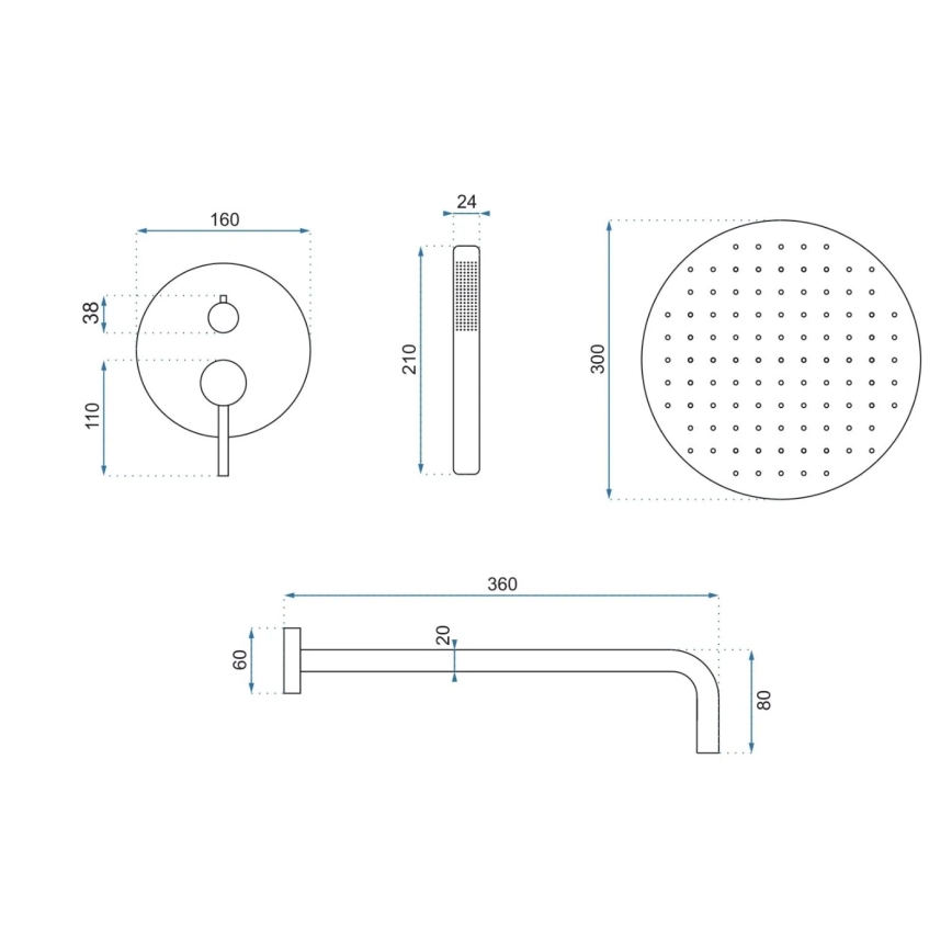 REA-P4160 - Brusesæt med indbygget blandingsbatteri LUNGO, børstet guld