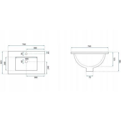 REA-U0040 - Nedfældet håndvask DAFNE 46,5x76 cm keramik/blank hvid