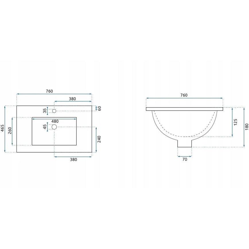 REA-U0040 - Nedfældet håndvask DAFNE 46,5x76 cm keramik/blank hvid