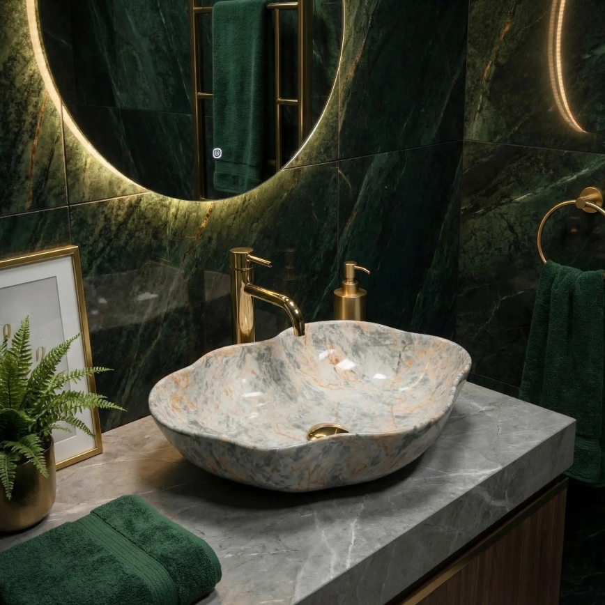 REA-U0620 - Vask til bordplade PEARL 38x50,5 cm, keramik, grå/beige med steneffekt