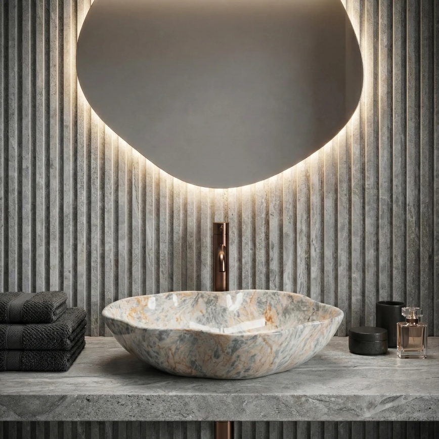 REA-U0620 - Vask til bordplade PEARL 38x50,5 cm, keramik, grå/beige med steneffekt