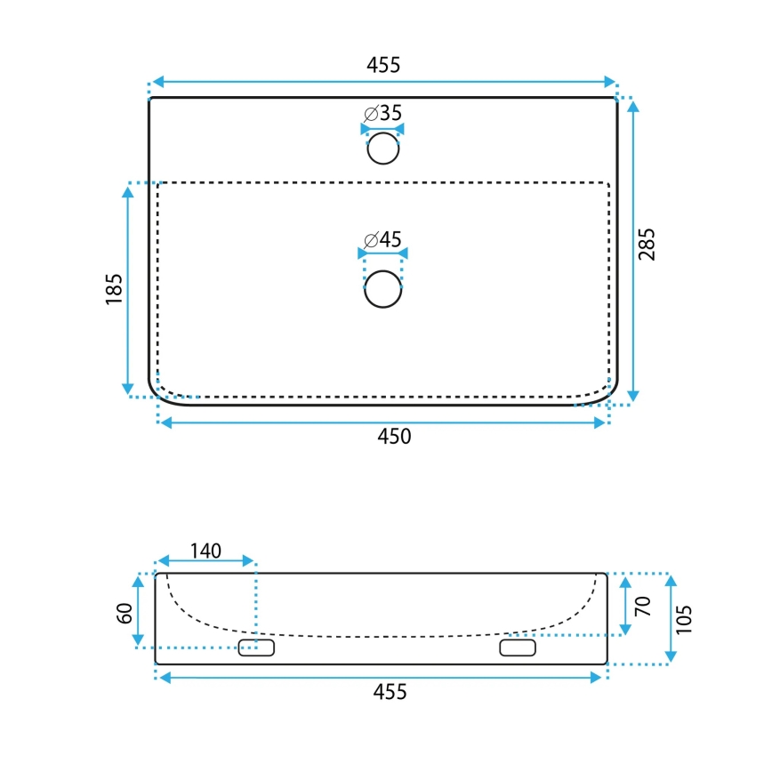REA-U0630 - Bordplade-/væghængt håndvask NAOMI 28,5x45,5 cm keramik/hvid