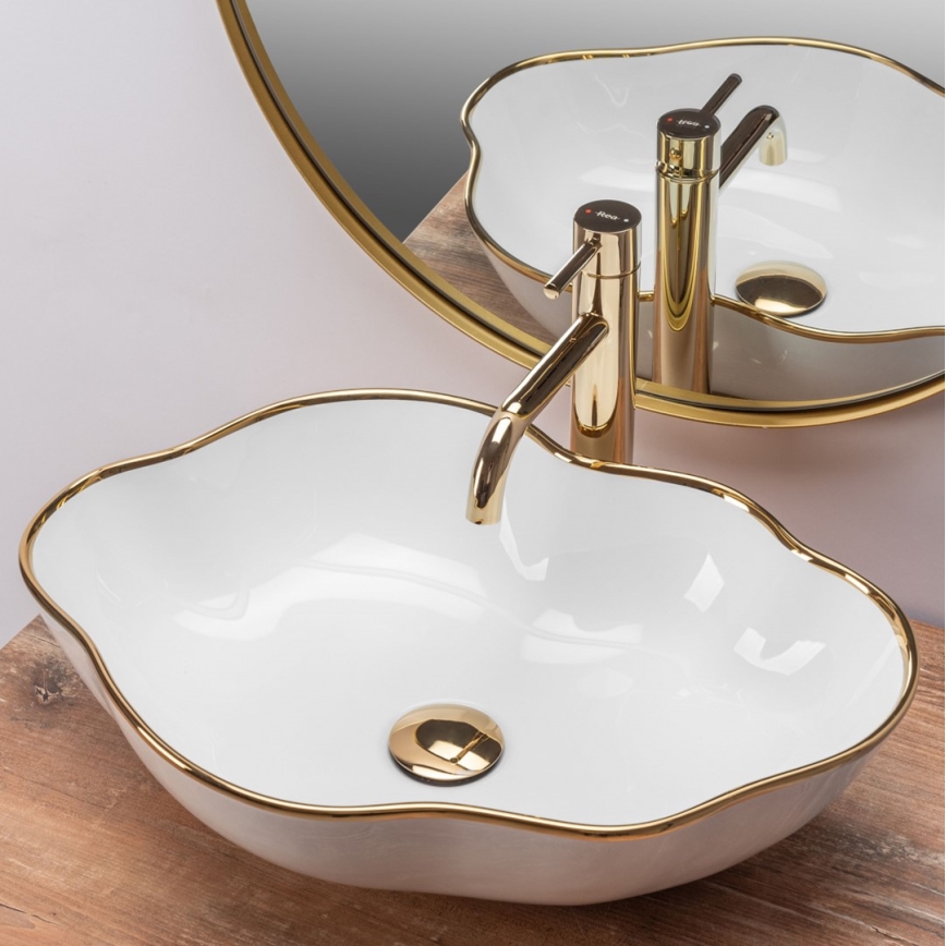 REA-U0696 - Vask til bordplade PEARL 38x50,5 cm keramik/blank hvid/guld