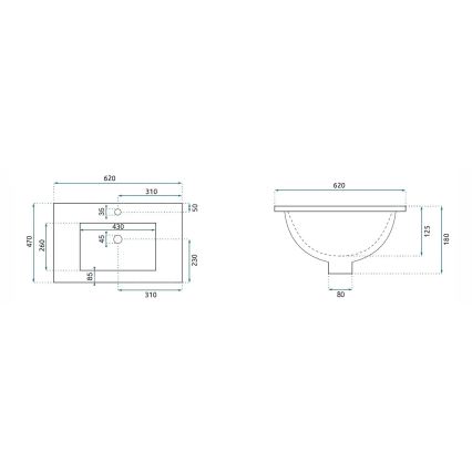 REA-U0786 - Nedfældet håndvask DAFNE 47 x 62 cm, keramisk, højglans hvid