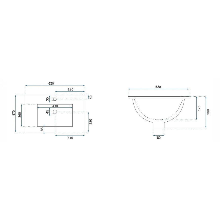 REA-U0786 - Nedfældet håndvask DAFNE 47 x 62 cm, keramisk, højglans hvid