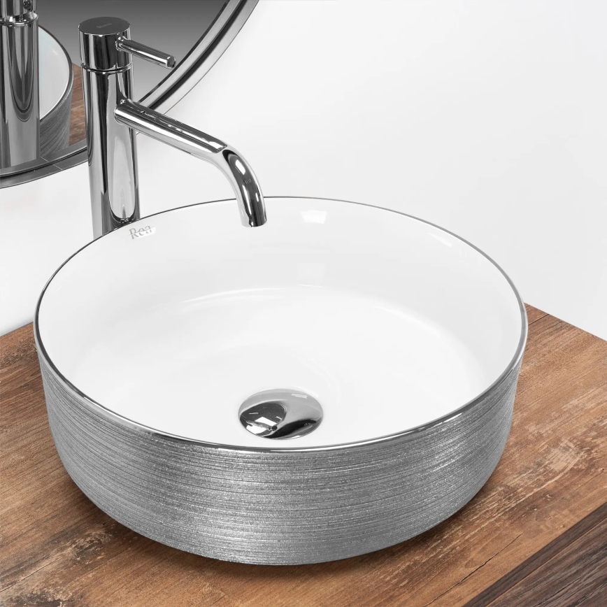 REA-U3304 - Bordmonteret håndvask SAMI Ø 36 cm keramik/hvid/sølv