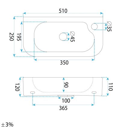REA-U3610 - ODETTA vask til bordplade/væghængt 25x51 cm keramik/højglans hvid