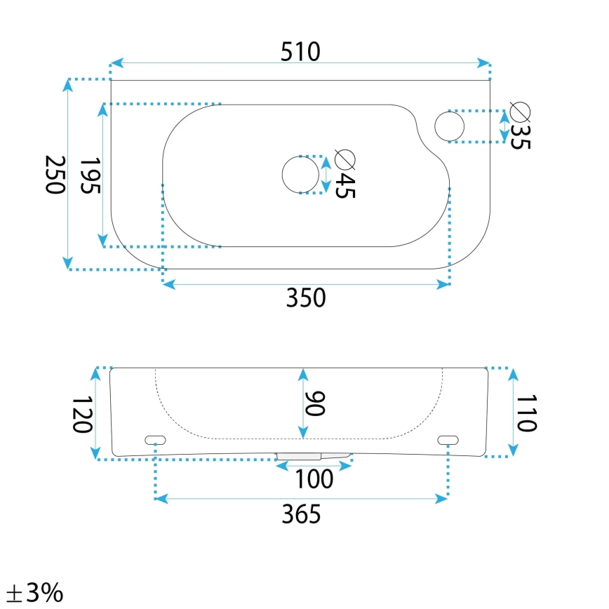 REA-U3610 - ODETTA vask til bordplade/væghængt 25x51 cm keramik/højglans hvid