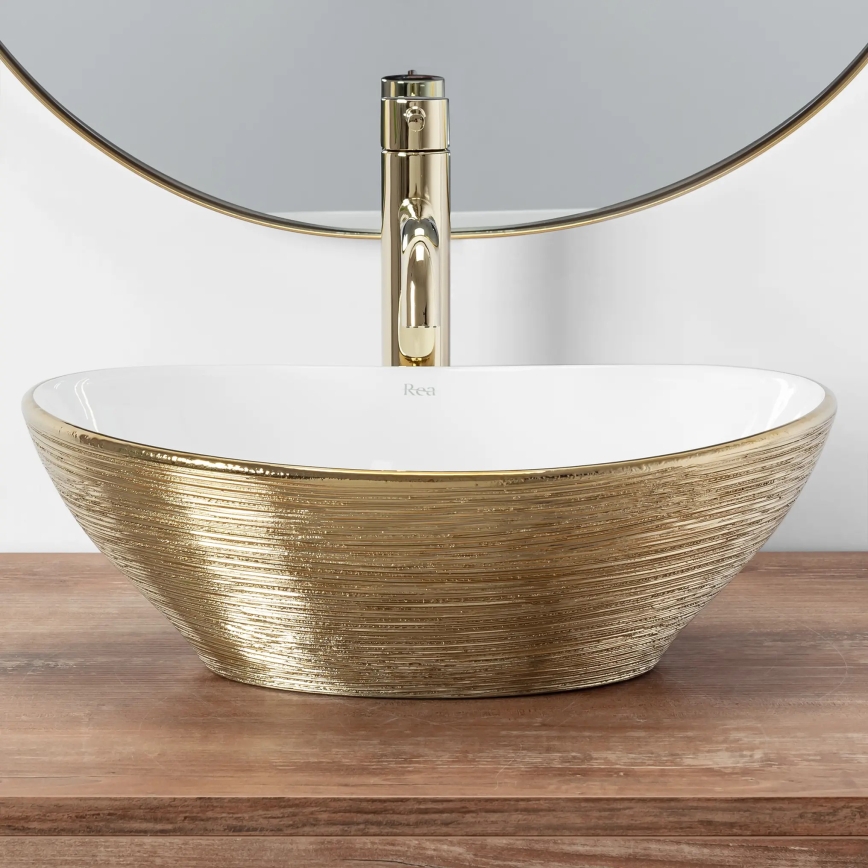 REA-U3697 - Håndvask til bordplade SOFIA 34,5x41 cm keramik/hvid/børstet guld
