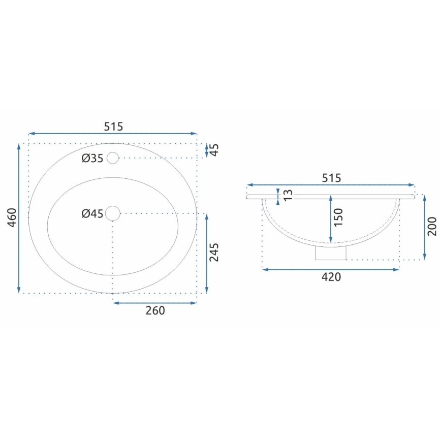 REA-U4122 - Nedfældet håndvask DALIA 46x51,5 cm keramik/højglans hvid