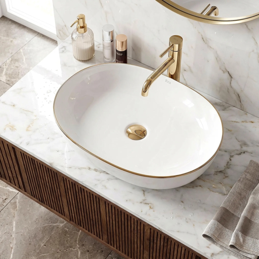 REA-U6211 - Håndvask til bordplade CLEO 41x60,5 cm keramik/hvid/guld