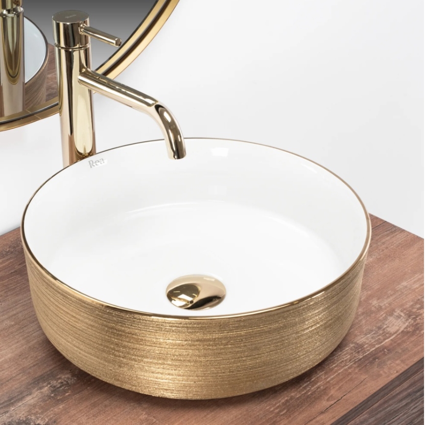 REA-U6630 - SAMI vask til bordplade Ø 36 cm keramisk/hvid/børstet guld