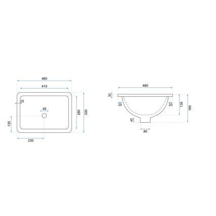 REA-U6653 - Nedfældet håndvask ADELA 33x46 cm keramisk/højglans hvid
