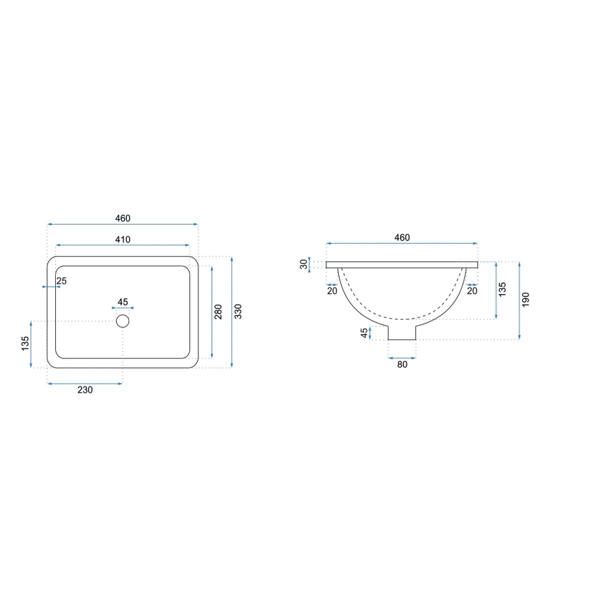 REA-U6653 - Nedfældet håndvask ADELA 33x46 cm keramisk/højglans hvid