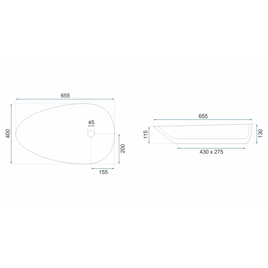REA-U8537 - Overliggende vask til bordplade GRETA 40x65,5 cm keramik/blank hvid