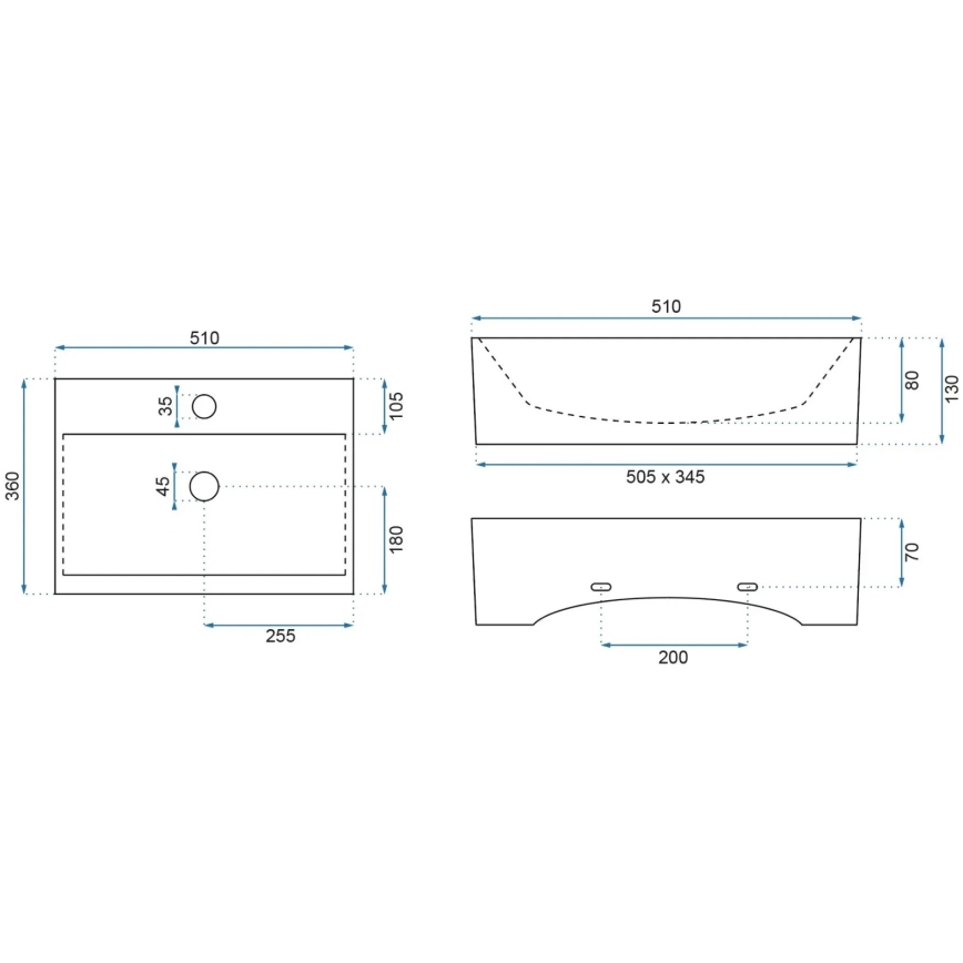 REA-U8701 - Vask til bordplade BONITA 36x51 cm keramik/højglans hvid