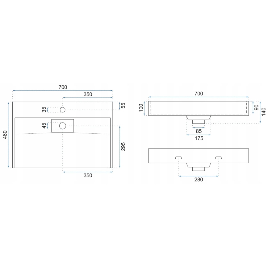 REA-U8802 - Vask til bordplade GOYA 46x70 cm, komposit/mat sort