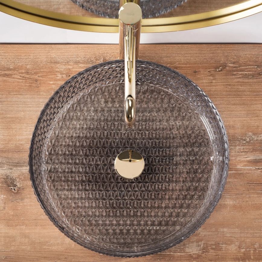 REA-U8880 - Håndvask til bordplade CRISTAL Ø 39 cm glas/røget grå